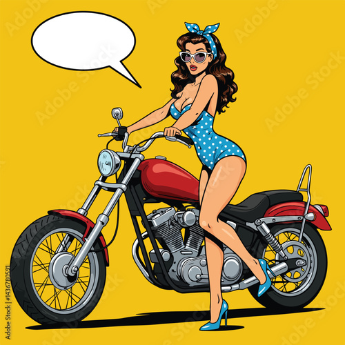 A bold and vibrant pop art illustration of a pin-up girl riding a motorcycle. This image is perfect for retro-themed designs, vintage-style graphics, or eye-catching social media content