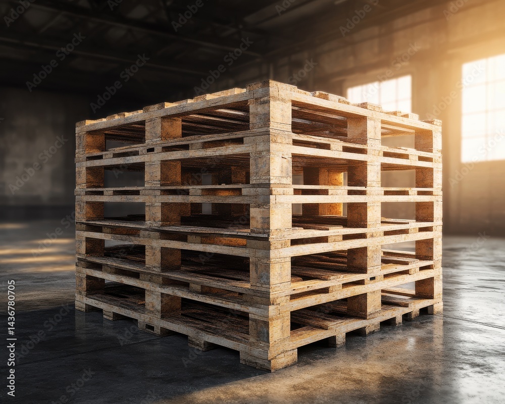 A well-used wooden pallet sits in an industrial warehouse with warm sunlight filtering through the windows. A well-used wooden pallet sits in an industrial warehouse with warm sunlight filtering through the windows.