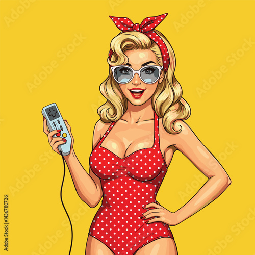 A playful pop art illustration of a pin-up girl holding a retro video game controller. This vibrant image is perfect for retro-themed designs, gaming content, or fun social media posts
