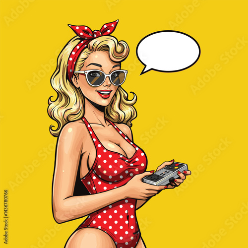 A playful pop art illustration of a pin-up girl holding a retro video game controller. This vibrant image is perfect for retro-themed designs, gaming content, or fun social media posts