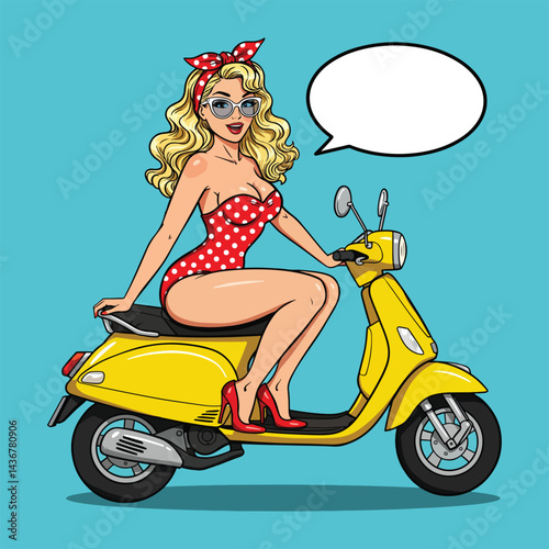A fun and vibrant pop art illustration of a pin-up girl riding a scooter and blowing a kiss. Perfect for retro-themed designs, vintage advertisements, or playful social media graphics