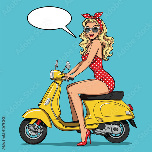 A fun and vibrant pop art illustration of a pin-up girl riding a scooter and blowing a kiss. Perfect for retro-themed designs, vintage advertisements, or playful social media graphics