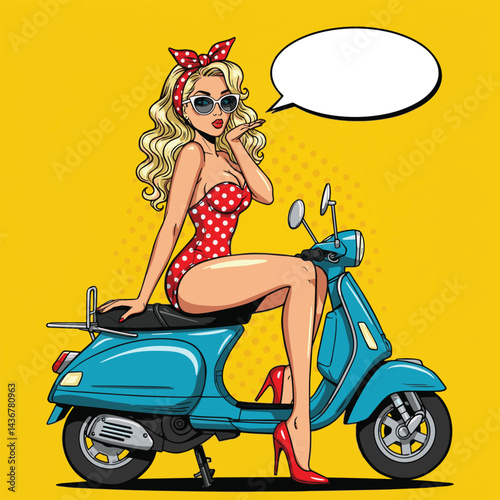 A fun and vibrant pop art illustration of a pin-up girl riding a scooter and blowing a kiss. Perfect for retro-themed designs, vintage advertisements, or playful social media graphics
