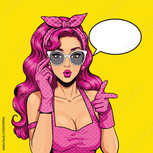 A vibrant pop art illustration of a pin-up girl with pink hair. This image is perfect for retro-themed designs, vintage-inspired graphics, or eye-catching social media content