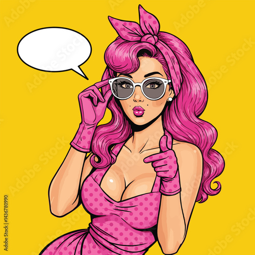 A vibrant pop art illustration of a pin-up girl with pink hair. This image is perfect for retro-themed designs, vintage-inspired graphics, or eye-catching social media content