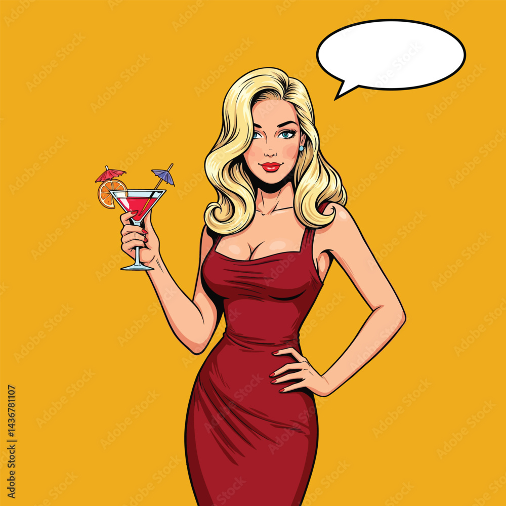 A vibrant pop art illustration of a pin-up girl enjoying a martini. This image is perfect for retro-themed designs, vintage advertisements, or stylish social media posts