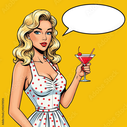 A vibrant pop art illustration of a pin-up girl enjoying a martini. This image is perfect for retro-themed designs, vintage advertisements, or stylish social media posts