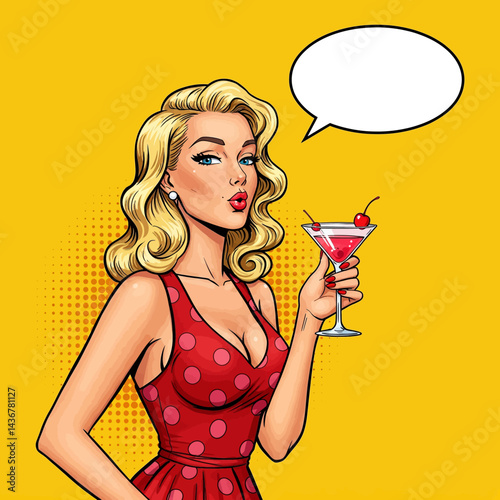 A vibrant pop art illustration of a pin-up girl enjoying a martini. This image is perfect for retro-themed designs, vintage advertisements, or stylish social media posts