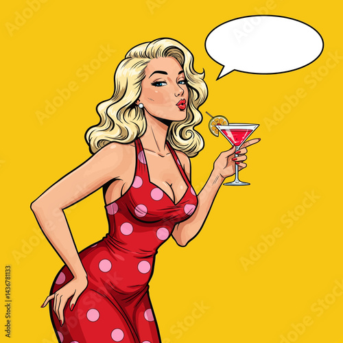 A vibrant pop art illustration of a pin-up girl enjoying a martini. This image is perfect for retro-themed designs, vintage advertisements, or stylish social media posts