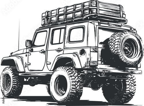 Black and white sketch of an offroad 4x4 jeep equipped with large tires and roof rack for adventure travel