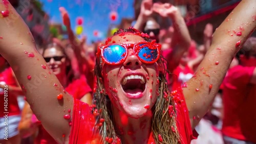 Crowd of joyful people in red clothes and sunglasses celebrating at an outdoor fruit fight under sunny blue skies, having fun and enjoying the party.