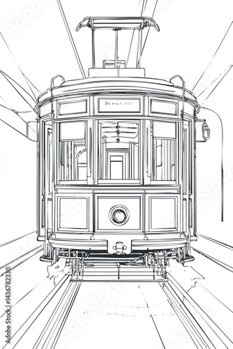 Front view of a vintage tram or streetcar on railway tracks in an urban setting black and white line drawing