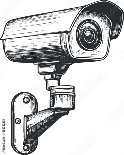 Black and white detailed illustration of a security surveillance camera for monitoring and protection
