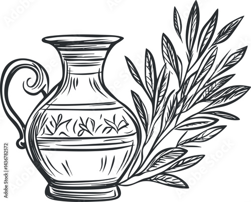 Black and white sketch of an ornate ceramic jug with handle and decorative leafy branch beside it