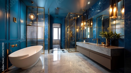 A luxurious bathroom with marble accents and sleek modern design, the room features a freestanding bathtub and a glass, enclosed shower, the walls are painted blue color, with metallic