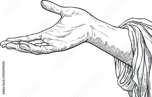 Detailed line art illustration of an open human hand and arm in an inviting gesture with draped cloth