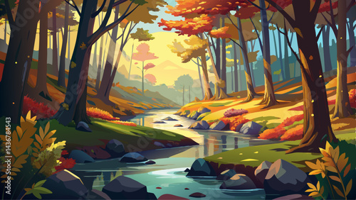 A tranquil forest stream surrounded by trees captures the peaceful essence of nature, with sunlight filtering through the foliage and autumn leaves floating on the water