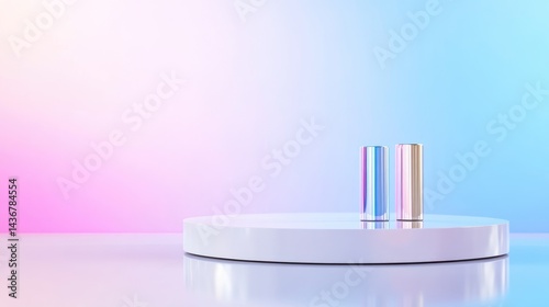 White Platform Two Cylinders Pastel Minimalist Style High-resolution Lighting Circular Product Display Iridescent Cylinders Showcase Holographic Background Soft Pink Hues Ideal for Branding