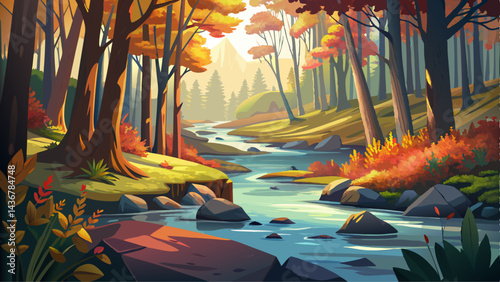A tranquil forest stream surrounded by trees captures the peaceful essence of nature, with sunlight filtering through the foliage and autumn leaves floating on the water