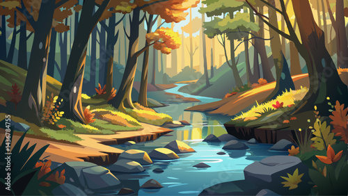 A tranquil forest stream surrounded by trees captures the peaceful essence of nature, with sunlight filtering through the foliage and autumn leaves floating on the water