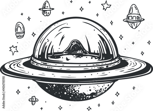 Black and white line art illustration of a futuristic spaceship flying saucer with planets and stars in space