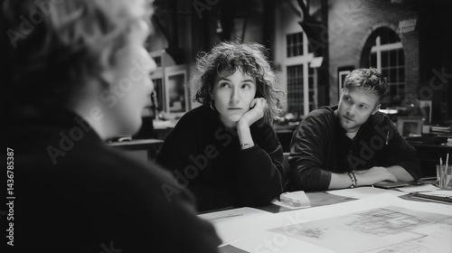 Teamwork and Collaboration in Black and White: Young Creative Professionals in a Modern Workspace Engaging in Brainstorming and Business Discussions photo