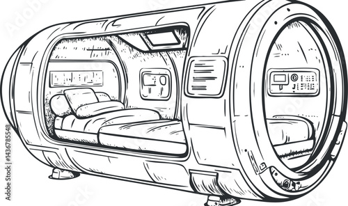 Illustration of a futuristic sleeping pod or capsule with a bed and control panel inside