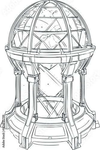 Detailed black and white line drawing of a large telescope observatory instrument with a glass dome and metal framework used for astronomical observation.