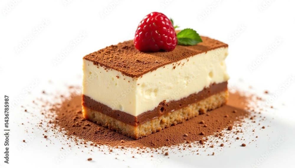 Individual tiramisu portion, dusted cocoa, white background , portion, chocolate, macro Individual tiramisu portion, dusted cocoa, white background , portion, chocolate, macro