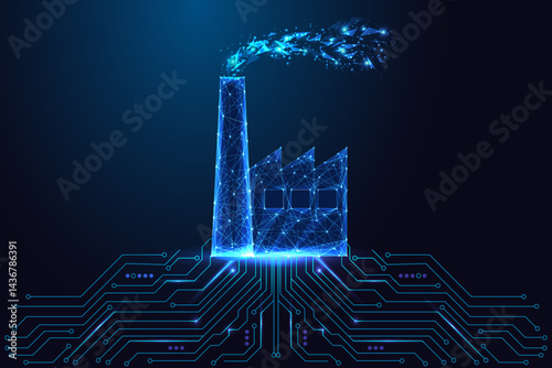 Smart industry and digital manufacturing concept with factory and circuit board, vector illustration