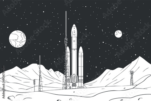 Black and white illustration of a rocket on a launchpad in a mountainous landscape under a starry sky with planets visible.