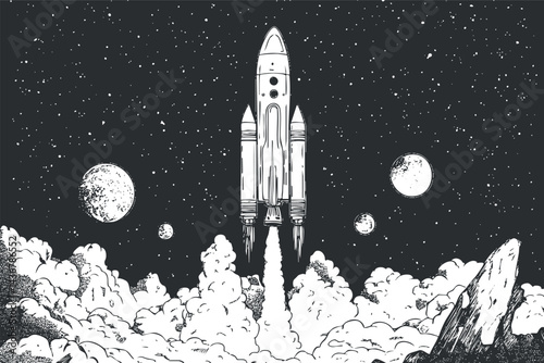 Black and white illustration of a rocket launching into space surrounded by stars and planets with smoke clouds below