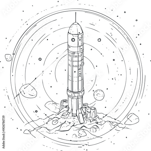 Detailed black and white line drawing of a rocket on a rocky surface with planets and stars in space background