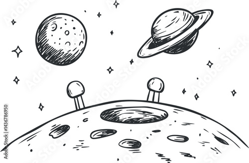 Black and white sketch illustration of space showing planets, moon surface, craters, and stars