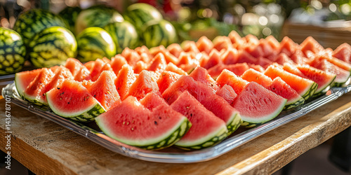 Delicious watermelon slices on display at a vibrant festival stall during a sunny day