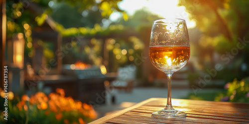 Enjoying refreshing white wine during a vibrant barbecue gathering in a sunlit garden with blooming flowers