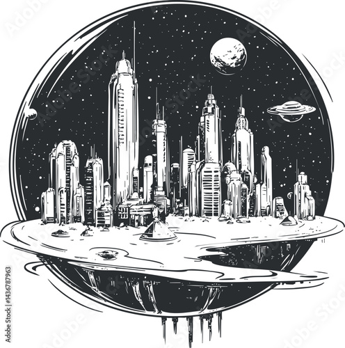 Black and white illustration of a futuristic city floating in space on a planet with a moon and stars in the background