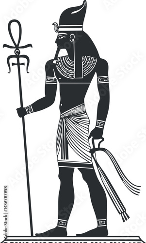 Silhouette of an ancient Egyptian god holding a staff with an ankh symbol, detailed traditional attire.