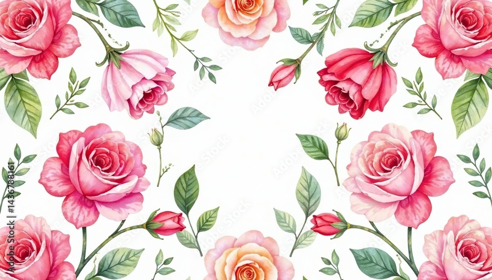 Naklejka premium Delicate watercolor roses & leaves, repeating pattern, blossom, romantic, bud