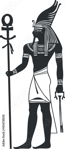 Black and white illustration of the ancient Egyptian god Ra holding a staff and ankh symbol
