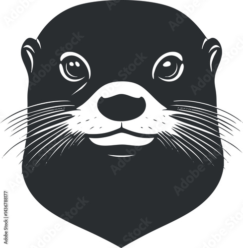 Black and white illustration of an otter face with whiskers and expressive eyes on a white background