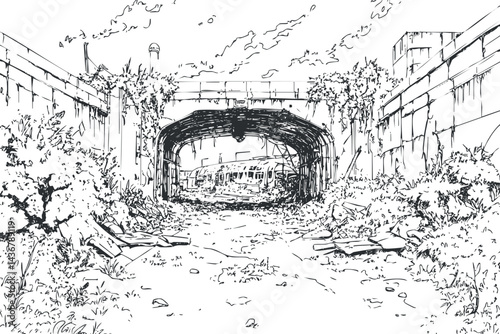Black and white line art drawing of an abandoned train tunnel with overgrown plants and an old train visible inside.