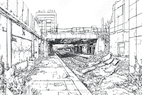 Black and white line art drawing of an abandoned urban railway station with tracks and overpass bridge.