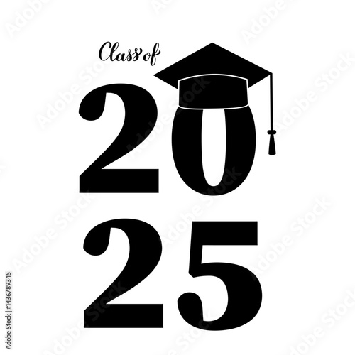 Class of 2025 lettering with graduation cap isolated on white. Congratulations to graduates typography poster. Vector template for greeting card, sticker, shirt, banner, label, etc.