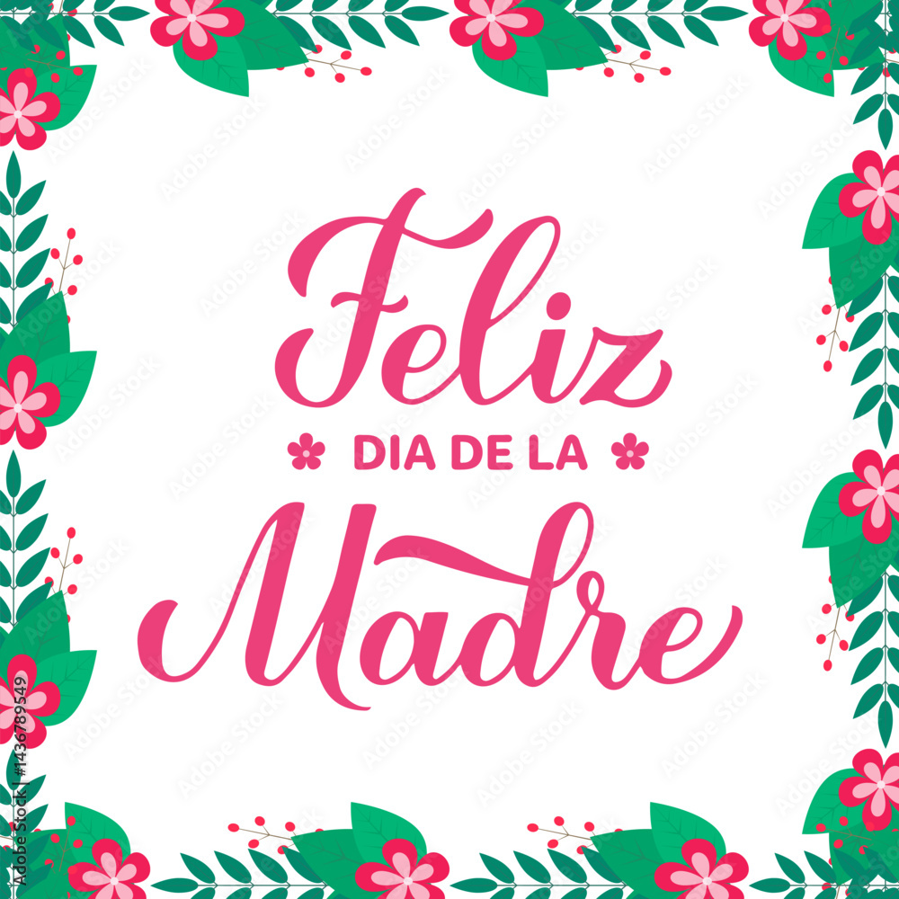 Happy Mothers Day in Spanish. Feliz Dia de la Madre. Floral frame greeting card. Vector template for typography poster, banner, invitation, etc.
