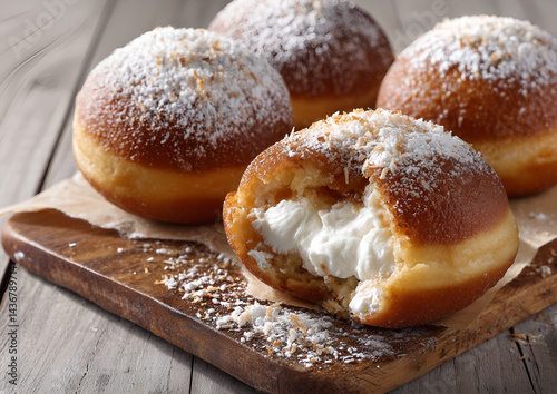 Coconut cream donut smashed open showing filling