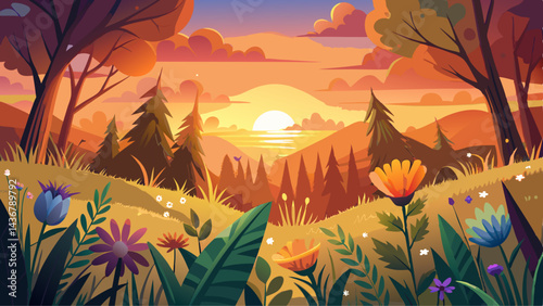 Orange and warm sunset and glade. The sun rays are shining through the wildflowers.