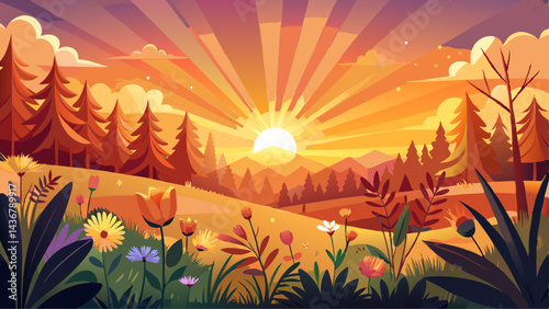 Orange and warm sunset and glade. The sun rays are shining through the wildflowers.