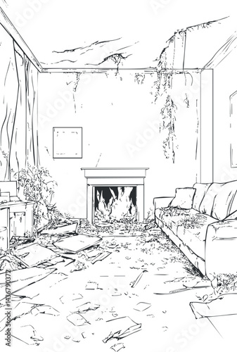 Abandoned and ruined living room interior with broken furniture fireplace and debris scattered
