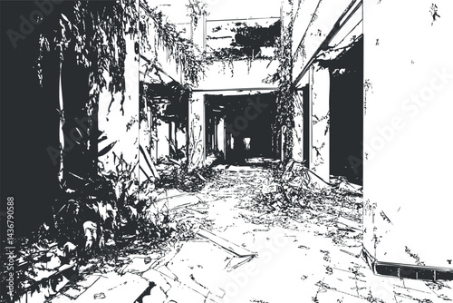 Abandoned dilapidated building hallway with overgrown plants and debris in urban decay setting